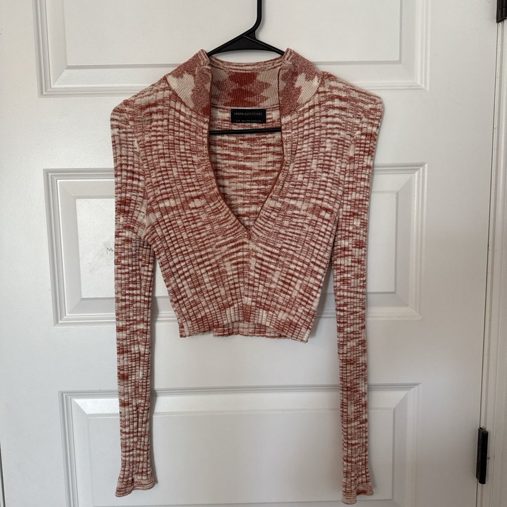 Urban Outfitters Red and Cream Fuzzy Knit Sweater